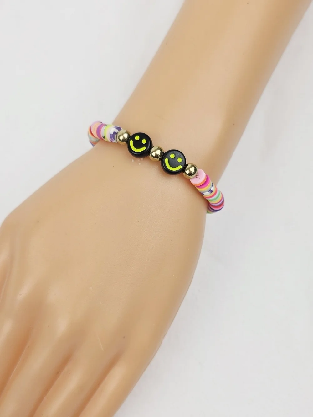 Handmade Clay Bead Multi Color Smiley Face  Bracelet